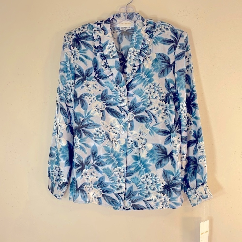 NWT. Four Seasons 14 Floral 100% Silk  Ruffle Collar Button Down Shirt.